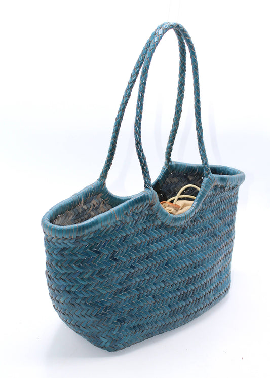 Sea Blue big leather handwoven bag
