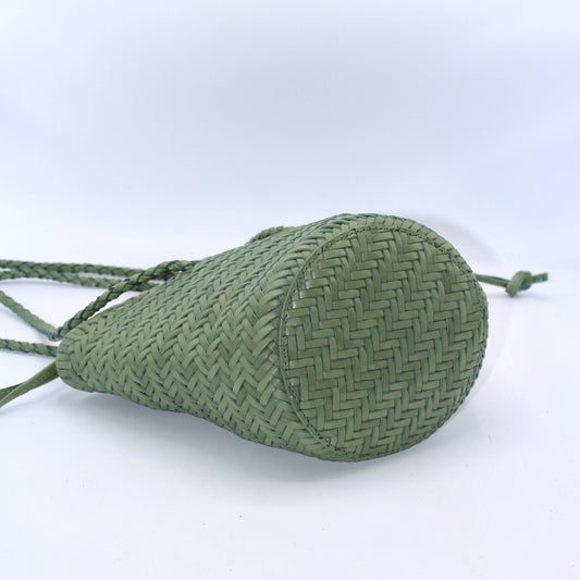 Handwoven  Leather Bucket Bag in green