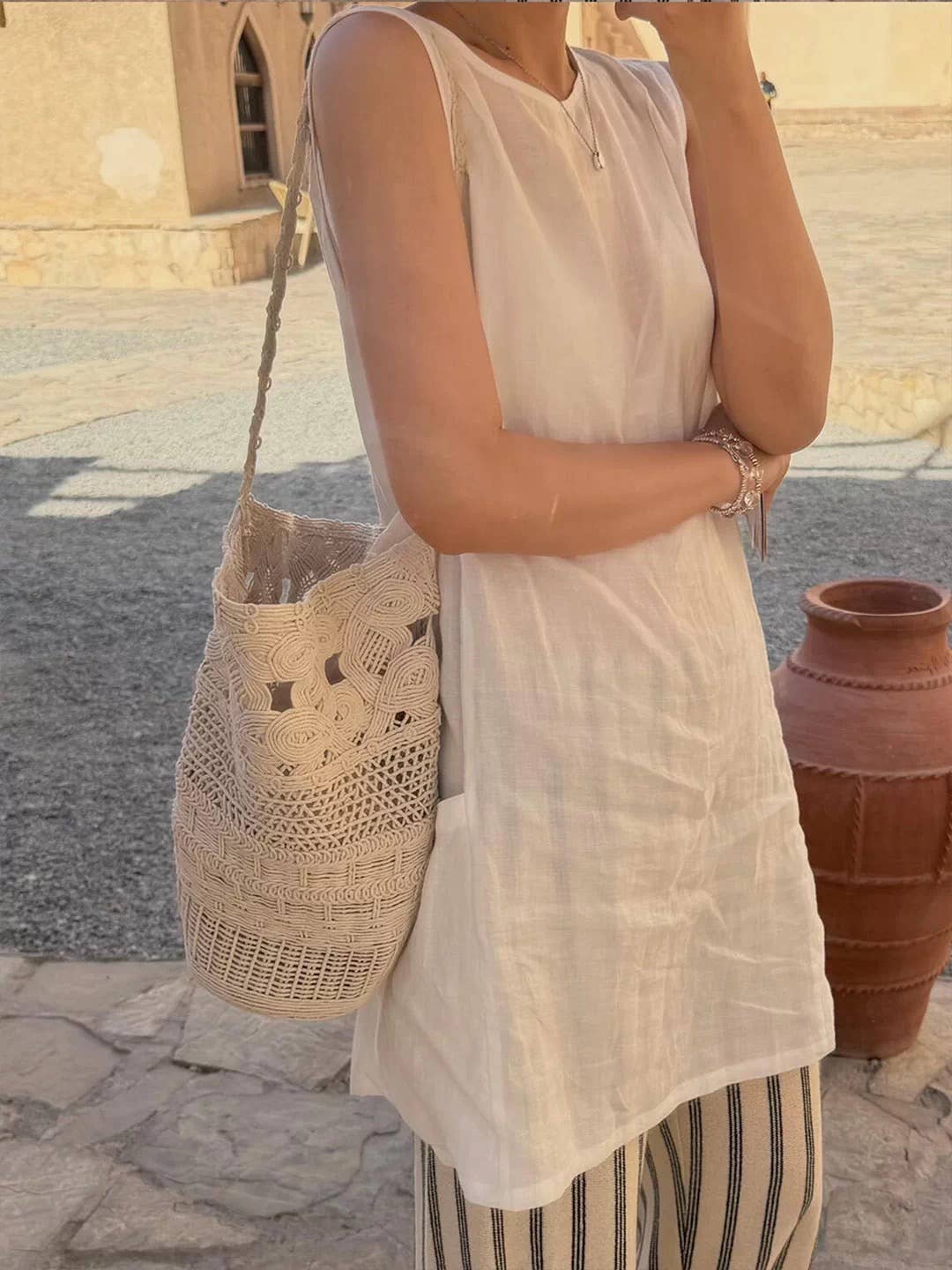 Artistic woven bucket crochet bag
