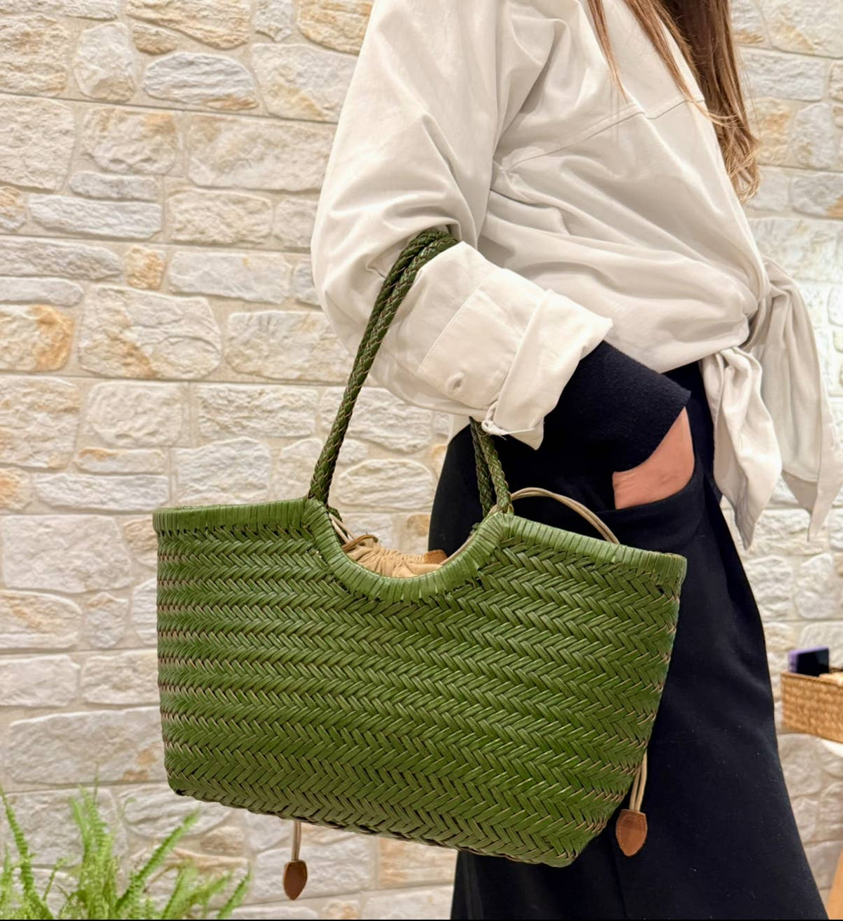 Pre- order Green handwoven U Shape Leather Tote Bag